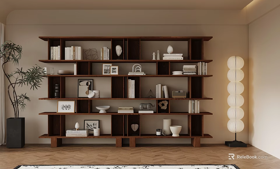 Modern Minimalist Interior With Brown Multi Layer Bookshelf And White Spherical Floor Lamp 3d model 