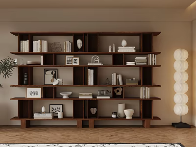 Modern Minimalist Interior With Brown Multi Layer Bookshelf And White Spherical Floor Lamp 3d model