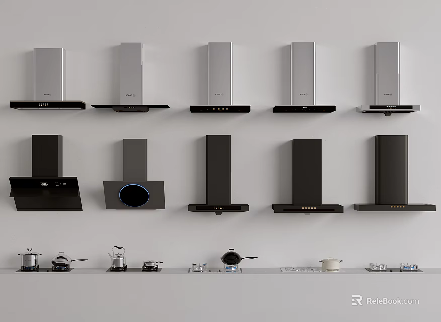 Various Kitchen Appliances Including Range Hoods And Cooktops Arranged On Wall 3d model 