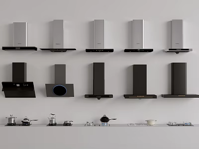 Various Kitchen Appliances Including Range Hoods And Cooktops Arranged On Wall 3d model