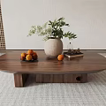Modern Minimalist Walnut Wooden Coffee Table With Green Plant Vase Oranges And Book On Rug