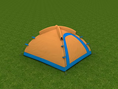 Orange And Blue Camping Tent On Green Grass Field With Stable Support Poles 3d model