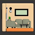 Modern Living Room Furniture With Sofa Armchair Coffee Table Plant Wall Clock And Carpet