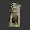 Traditional Stone Lion Statue With Ancient Carved Details Standing On Square Base