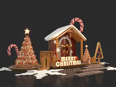 Festive Christmas Scene With Gingerbread House Trees Candy Canes Merry Christmas Sign Snow Wooden Steps 3d model
