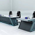 Futuristic Modern Functional Desk With Three Black Ergonomic Chairs And Blue LED Lights