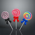 Three Vibrant Swirl Lollipops With Black Red Blue Bows And Shiny Surface On Dark Background