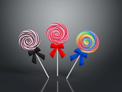 Three Vibrant Swirl Lollipops With Black Red Blue Bows And Shiny Surface On Dark Background 3d model