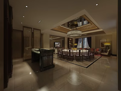 Luxurious Chinese Style Private Dining Room With Round Table Chandelier Sofa And TV 3d model