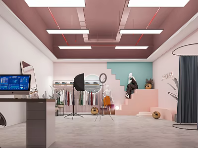 Modern Public Office Space With Work Desk Computer Ceiling Lighting And Decorative Plants 3d model