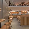 Cozy Restaurant Interior Featuring Wooden Furniture Two Floor Layout Staircase And Dining Counter