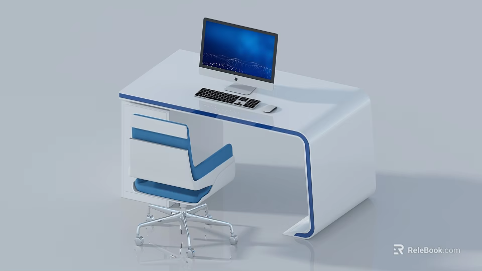 Modern White Office Desk With Blue Accent Lines Monitor Keyboard Mouse And Blue Office Chair 3d model 