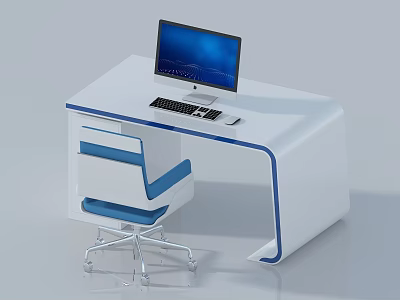 Modern White Office Desk With Blue Accent Lines Monitor Keyboard Mouse And Blue Office Chair 3d model