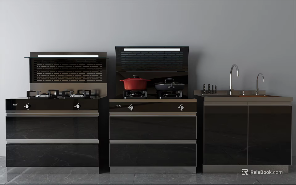 Sleek Modern Kitchen With Black Gas Stove Range Hood Sink And Appliances 3d model 