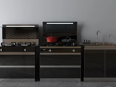 Sleek Modern Kitchen With Black Gas Stove Range Hood Sink And Appliances 3d model