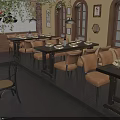 Charming Restaurant Interior With Arched Windows Wooden Tables Framed Artworks And Greenery Decor