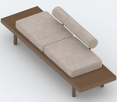 Modern Wooden Bench With Light Gray Fabric Cushions And Curved Backrest 3d model