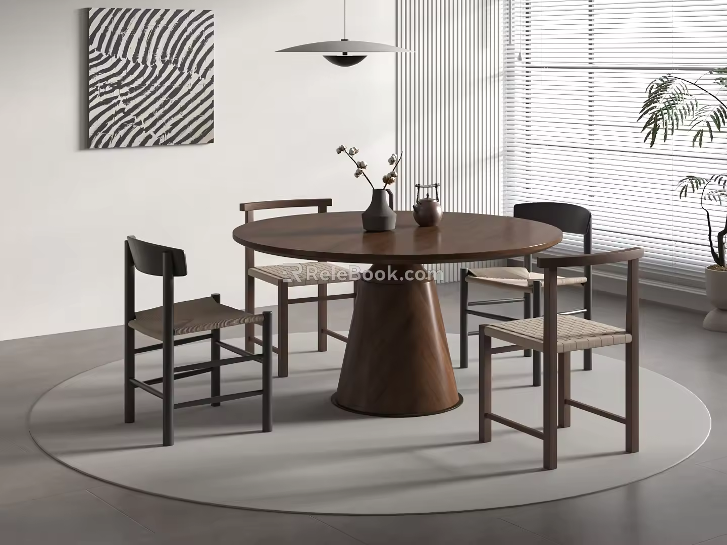 Quiet Ancient Dining Table and Chair Song Style Solid Wood Round Dining Table and Chair Solid Wood Single Chair Sideboard Rattan Chandelier 3d model