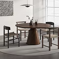 Quiet Ancient Dining Table and Chair Song Style Solid Wood Round Dining Table and Chair Solid Wood Single Chair Sideboard Rattan Chandelier 3d model