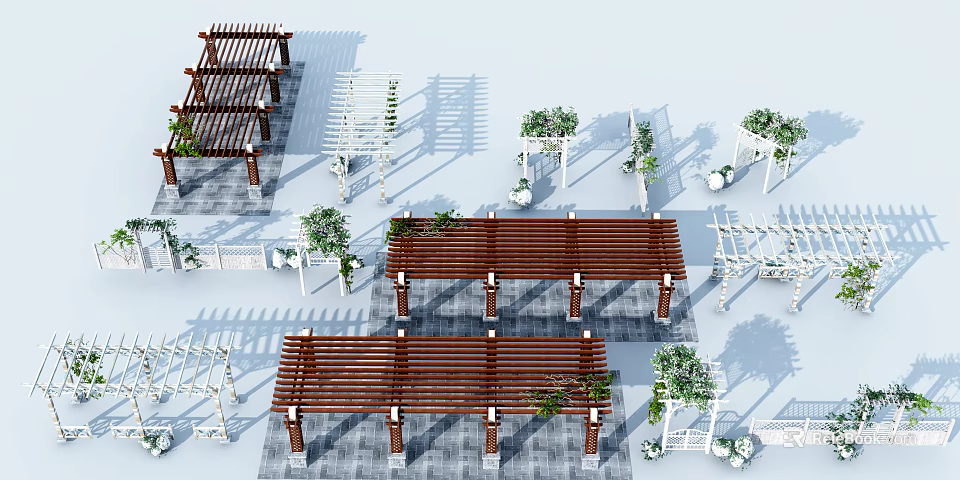 Decorative Wooden Pergola In Outdoor Garden With Green Plants And Vines 3d model 