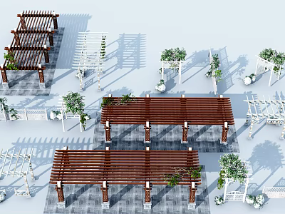 Decorative Wooden Pergola In Outdoor Garden With Green Plants And Vines 3d model