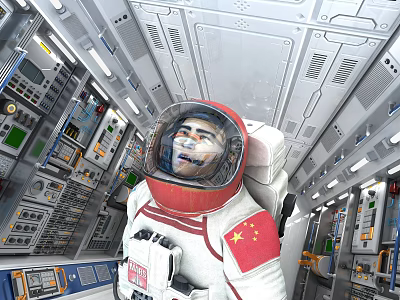 Astronaut In Chinese Spacesuit Inside Space Capsule Interior With Control Panels 3d model