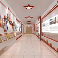 Office Corridor Interior With Red Decorations Wall Displays And Tile Floor