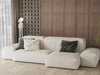 Plush White Sectional Sofa With Green Cushions In Modern Wooden Living Room 3d model