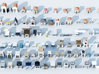 Various Small House Models With Different Styles Colors And Roof Designs Arranged Neatly 3d model