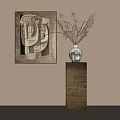Minimalist Decorative Ornament Combination With Abstract Painting Ceramic Vase Dried Twigs And Wooden Stand