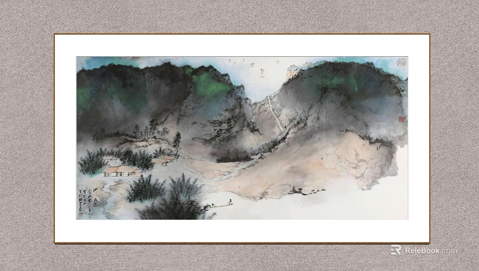 Traditional Chinese Ink Landscape Painting With Green Mountains Lush Vegetation Stream And Distant Sky 3d model 