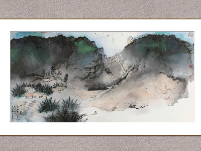Traditional Chinese Ink Landscape Painting With Green Mountains Lush Vegetation Stream And Distant Sky 3d model