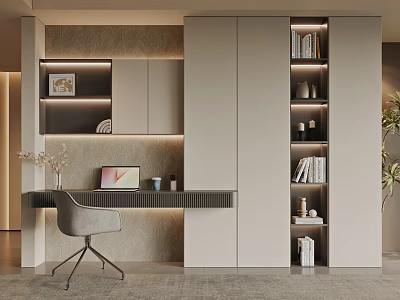 Modern Home Office Interior With Study Desk Grey Chair Bookshelf And Built-in Lighting Textured Wall 3d model