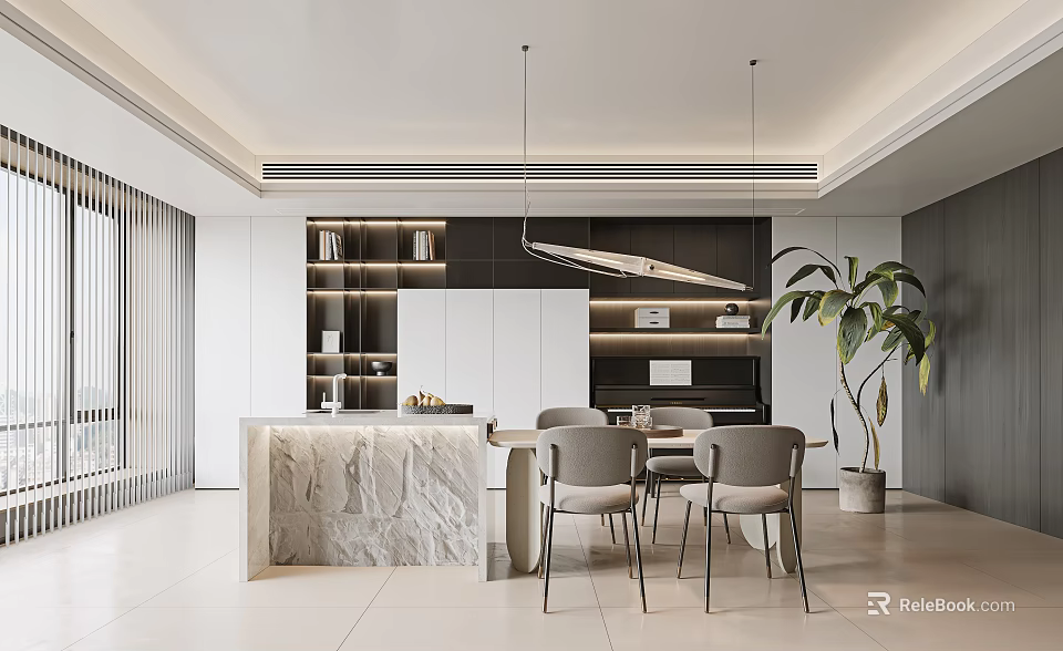 Modern Open Concept Restaurant Interior With Marble Dining Table Chairs Pendant Lights And Green Plant 3d model 