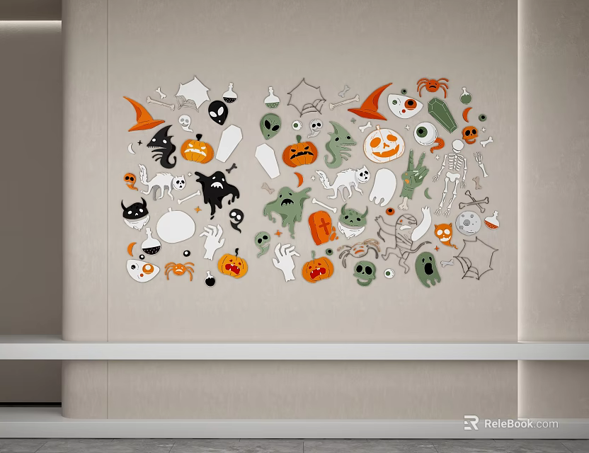 Halloween Themed Wall Decor with Pumpkins Ghosts Bats and Witch Hats Design 3d model