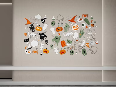 Halloween Themed Wall Decor with Pumpkins Ghosts Bats and Witch Hats Design 3d model