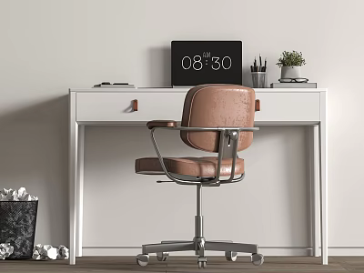 White Desk Setup With Laptop Pen Holder Small Potted Plant And Brown Leather Chair 3d model