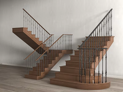 Elegant Modern Wooden Staircase Interior With Metal Railings And Home Design 3d model
