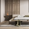 Minimalist Bedroom Interior With Wooden Wardrobes Gray Bed Rug Side Tables And Abstract Painting