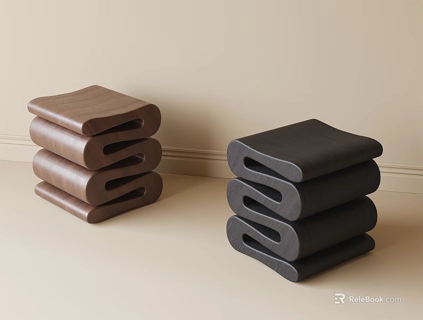 Minimalist Modern Stacked Side Tables With Brown Black Wooden Geometric Hollow Design For Interior 3d model 