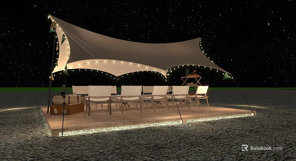 White Canopy Tent At Night With String Lights Tables Chairs Floor LED Strips Starry Sky 3d model 