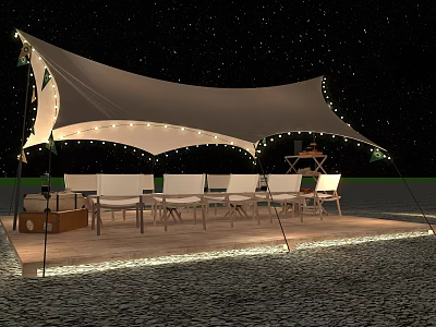 White Canopy Tent At Night With String Lights Tables Chairs Floor LED Strips Starry Sky 3d model