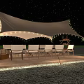 White Canopy Tent At Night With String Lights Tables Chairs Floor LED Strips Starry Sky