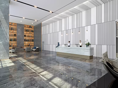 Modern Front Desk Reception Area With Marble Countertop Striped Accent Wall And Lighting 3d model