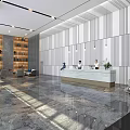 Modern Front Desk Reception Area With Marble Countertop Striped Accent Wall And Lighting