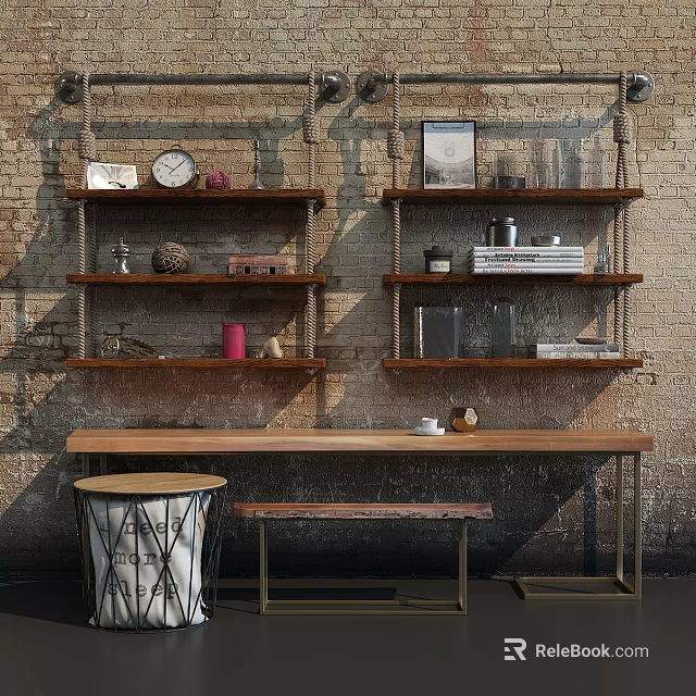 Long Wooden Desk With Brick Wall Background Shelves Books Decorative Items Bench And Woven Drum 3d model 