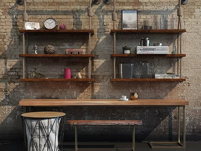 Long Wooden Desk With Brick Wall Background Shelves Books Decorative Items Bench And Woven Drum 3d model