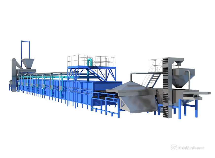 Industrial Production Line With Blue Machinery Conveyor System And Processing Equipment 3d model 