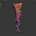 Vibrant Pink And Red Fantasy Weapon With Green Decorative Accents And Curved Structure