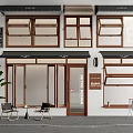 Stylish Coffee Shop Storefront with Glass Windows Wooden Signage Outdoor Seating Potted Plant Menu Board